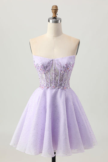 Sparkly A Line Strapless Sequins Lace Up Back Mini Lilac Cocktail Dress with Beading